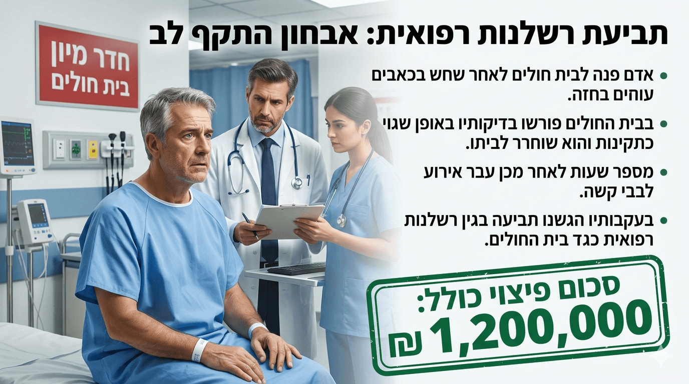 תמונה פרסומית העוסקת בתביעת רשלנות רפואית באבחון התקף לב המציגה מטופל מבוגר בבגדי בית חולים יושב על מיטה ולצידו רופא ואחות במדים רפואיים המביטים במסמכים במבט מודאג על רקע חדר מיון. בצד ימין של התמונה מופיע פירוט טקסטואלי בעברית על מקרה שבו אדם שוחרר מבית החולים לאחר שדיקותיו פורשו בטעות כתקינות ובהמשך עבר אירוע לבבי קשה. בחלק התחתון בולטת חותמת ירוקה גדולה המציינת סכום פיצוי כולל של מיליון ומאתיים אלף שקלים בגין התביעה שהוגשה נגד בית החולים.