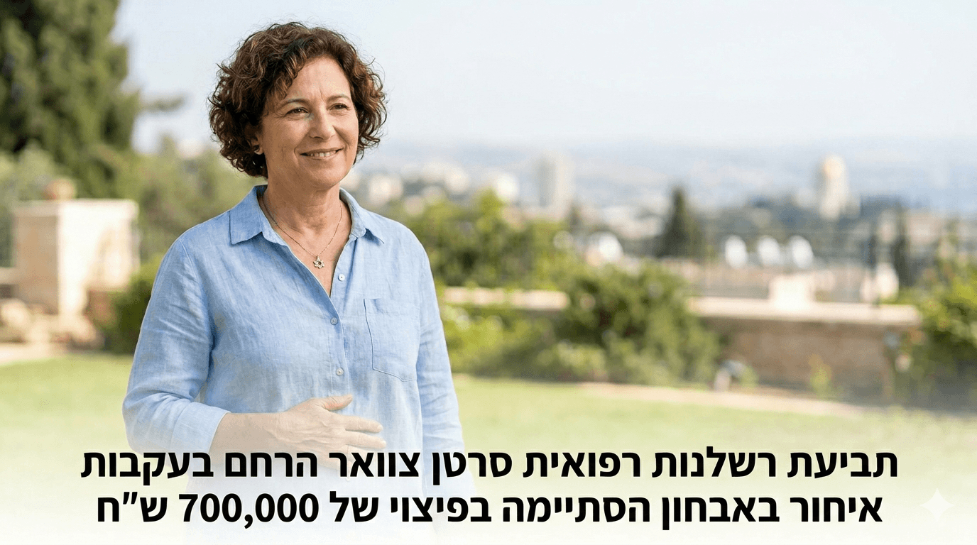 תמונה פרסומית המציגה אישה בגיל העמידה עם שיער מתולתל קצר וחולצה מכופתרת בצבע תכלת העומדת בחוץ על רקע נוף עירוני מטושטש וצמחייה ירוקה. האישה מחייכת קלות ומניחה את ידה על בטנה במחווה עדינה. בחלק התחתון של התמונה מופיע כיתוב בולט בעברית המציין כי תביעת רשלנות רפואית בגין סרטן צוואר הרחם עקב איחור באבחון הסתיימה בפיצוי של 700,000 ש"ח. התמונה משדרת תחושת רווחה ואופטימיות לאחר מאבק משפטי מוצלח.