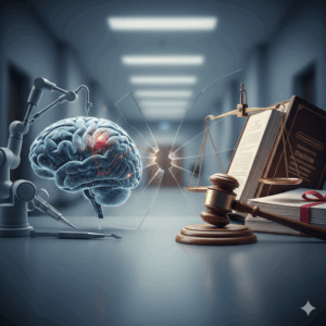 תמונת נושא של המאמר על רשלנות רפואית בנוירוכירורגיה מציג איור דיגיטלי של שילוב בין עולם הרפואה והטכנולוגיה לבין עולם המשפט והצדק. בצד שמאל מופיע מוח אנושי מפורט עם נקודות אור אדומות המחובר לזרוע רובוטית וכלי ניתוח רפואיים. במרכז מפרידה מחיצת זכוכית סדוקה בין שני העולמות. בצד ימין מופיעים סמלי משפט הכוללים פטיש שופט מעץ, מאזני צדק מוזהבים וספר חוקים עבה בכריכת עור, על רקע מסדרון מטושטש המזכיר בית חולים או מוסד ציבורי.
