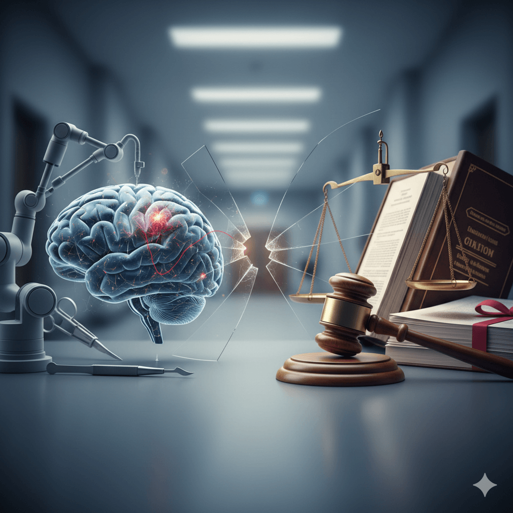 תמונת נושא של המאמר על רשלנות רפואית בנוירוכירורגיה מציג איור דיגיטלי של שילוב בין עולם הרפואה והטכנולוגיה לבין עולם המשפט והצדק. בצד שמאל מופיע מוח אנושי מפורט עם נקודות אור אדומות המחובר לזרוע רובוטית וכלי ניתוח רפואיים. במרכז מפרידה מחיצת זכוכית סדוקה בין שני העולמות. בצד ימין מופיעים סמלי משפט הכוללים פטיש שופט מעץ, מאזני צדק מוזהבים וספר חוקים עבה בכריכת עור, על רקע מסדרון מטושטש המזכיר בית חולים או מוסד ציבורי.