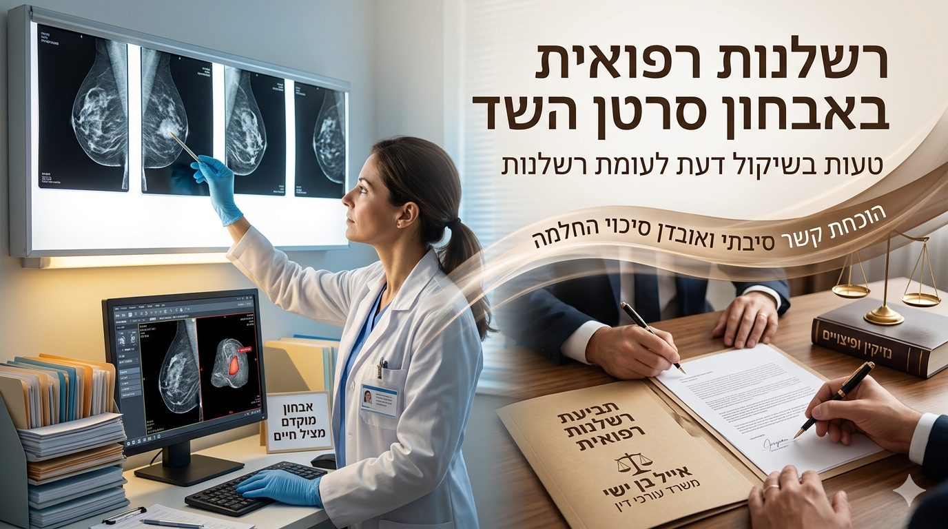 תמונה פרסומית המשלבת בין עולם הרפואה לעולם המשפט ועוסקת ברשלנות רפואית באבחון סרטן השד. בצד שמאל נראית רופאה במדים לבנים וכפפות כחולות הבוחנת צילומי ממוגרפיה על גבי מסך אור ומסך מחשב שעליו הכיתוב אבחון מוקדם מציל חיים. מצד ימין נראות ידיים של עורכי דין החותמים על מסמכים משפטיים בתיקייה שעליה סמל מאזניים והכיתוב תביעת רשלנות רפואית, אייל בן ישי משרד עורכי דין. ברקע מופיע כיתוב גדול בעברית בנושא רשלנות רפואית באבחון סרטן השד, טעות בשיקול דעת לעומת רשלנות והוכחת קשר סיבתי ואובדן סיכויי החלמה, כאשר פס אור זהוב מקשר ויזואלית בין סביבת המרפאה למשרד עורכי הדין.