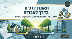 תמונה של משרד עורכי דין אייל בן ישי העוסקת בתאונות דרכים בדרך לעבודה, המציגה בחלק העליון כיתוב בולט בעברית לצד איורים של פטיש שופטים, מגן וסמל רפואי, ובחלק התחתון איור של מכונית כסופה הנוסעת בכביש חד-סטרי בין בית פרטי משמאל לבניין משרדים מימין, כאשר חצים כחולים וצהובים מסמנים את כיוון הנסיעה תחת הכותרת דרך לעבודה.