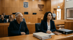 עורכת דין ייצוגית יושבת לצד לקוח מבוגר עם ידו במתלה בתוך אולם בית משפט ומייצגת אותו בתיק משפטי מורכב הדורש ליווי של עורך דין תאונות קשות