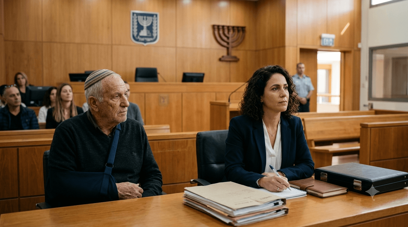 עורכת דין ייצוגית יושבת לצד לקוח מבוגר עם ידו במתלה בתוך אולם בית משפט ומייצגת אותו בתיק משפטי מורכב הדורש ליווי של עורך דין תאונות קשות