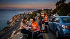 תמונה מזירת תאונת דרכים בכביש חוף עירוני בשעת בין ערביים, שבה צוות חירום רפואי מעניק טיפול ראשוני לפצועה שזרועה חבושה, לצד רכב פרטי מעורב, ניידת משטרה ואדם המשוחח בטלפון – תרחיש הממחיש את הצורך בליווי משפטי של עורך דין תאונת דרכים עם נפגעים.